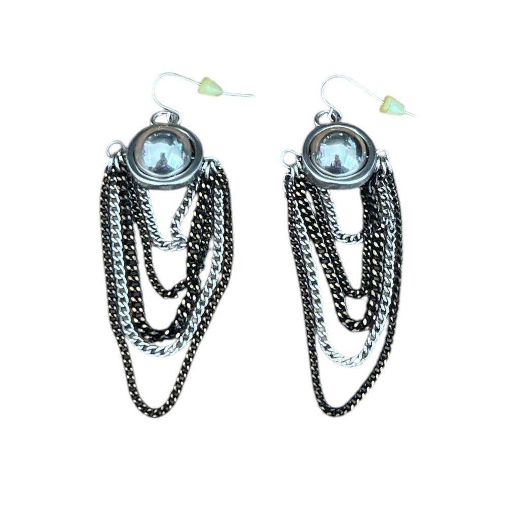 Vintage Earrings Loop Chain Silver Black Spinning Sphere Ball Pierced 2-1/2"